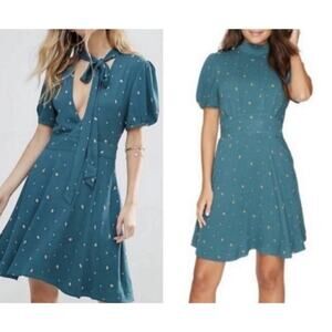 Free People NWT Abbie Fit and Flare Mini Dress In Teal & Orange Dots Size 0